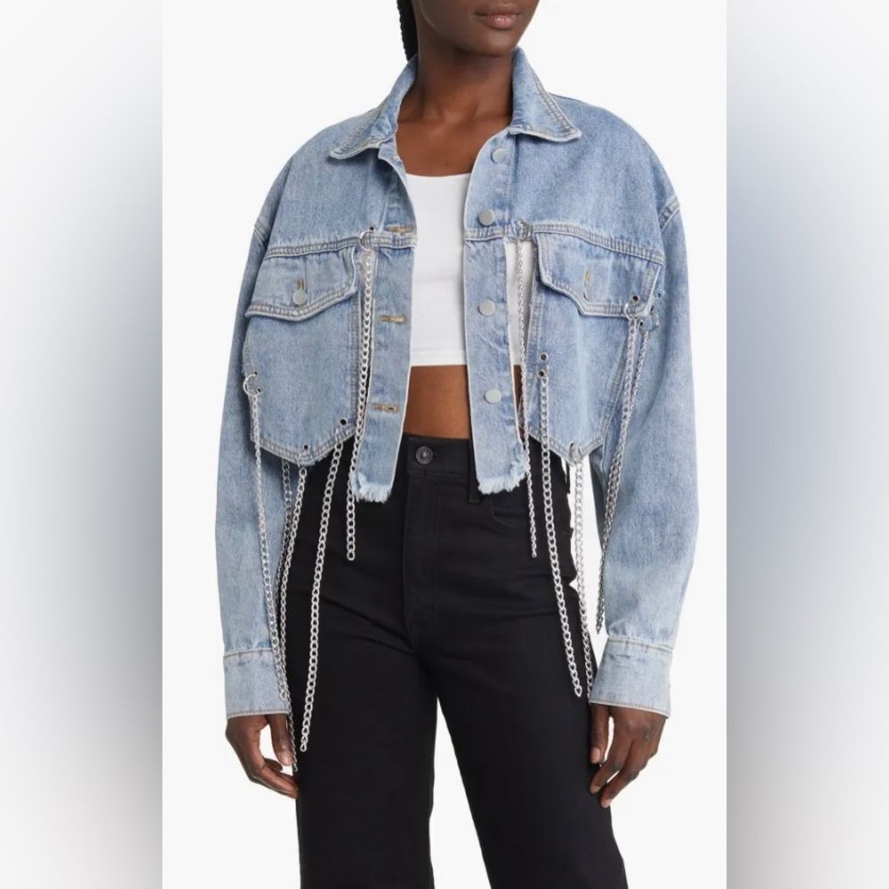 NEW Azalea Wang Chechee Fringe Chain Denim Jacket Size M